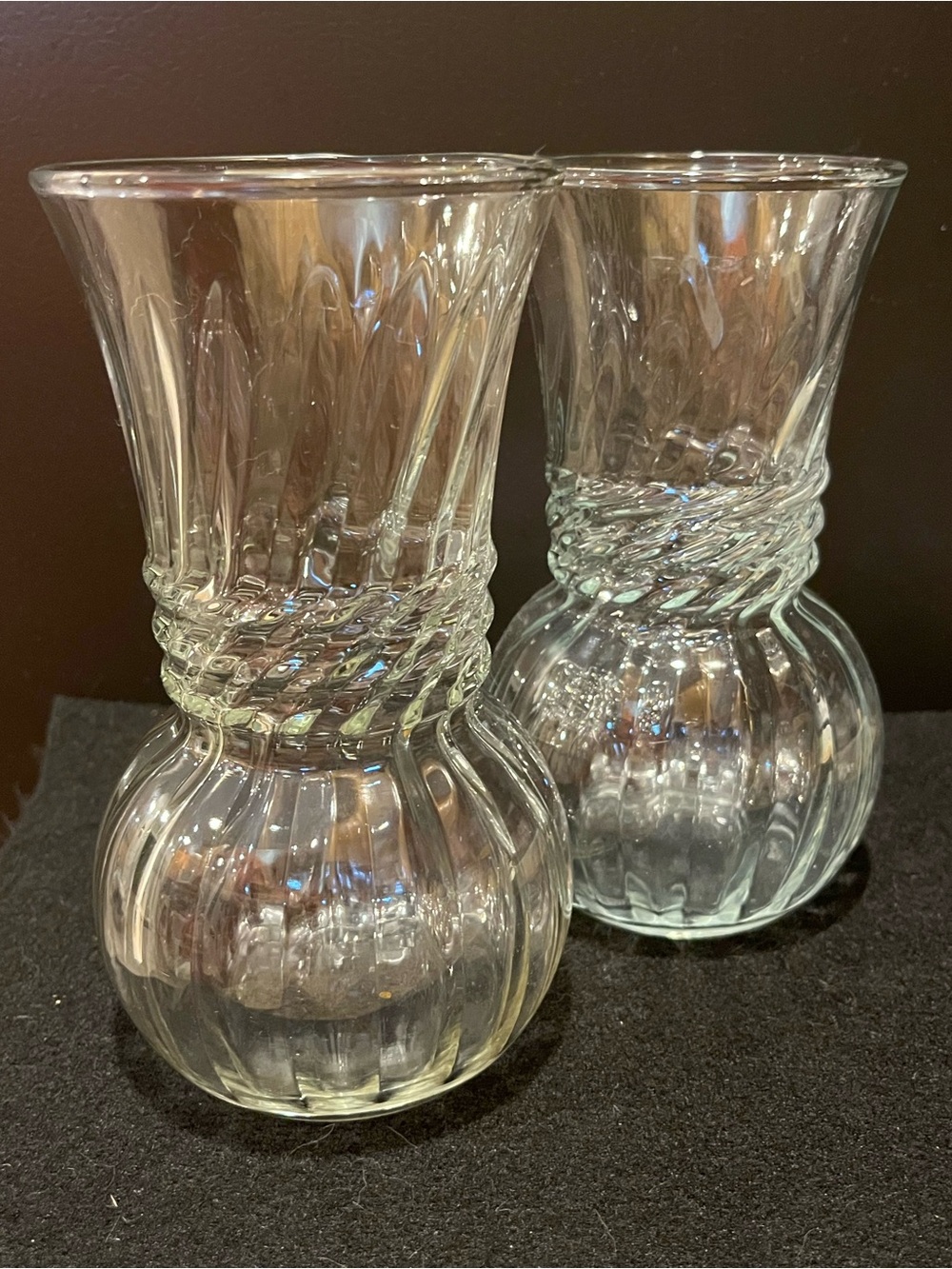 Vintage Anchor Hocking Optic Swirl Ribbed Clear Glass Vases - Set of 2